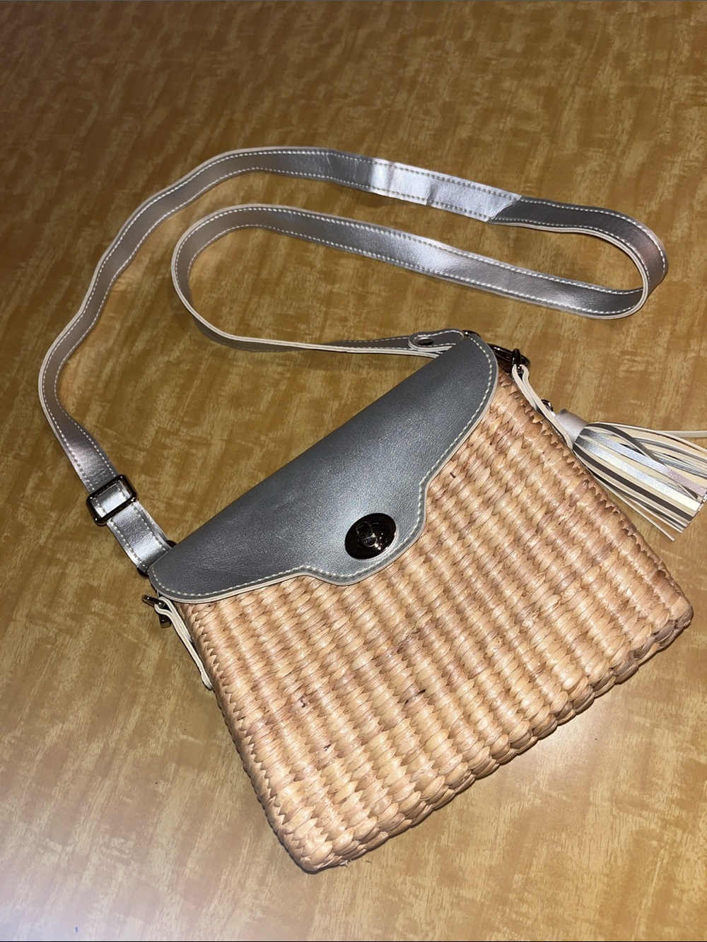 Sea & Grass Woven Straw Crossbody with Silver Flap & Adjustable Removable Strap
